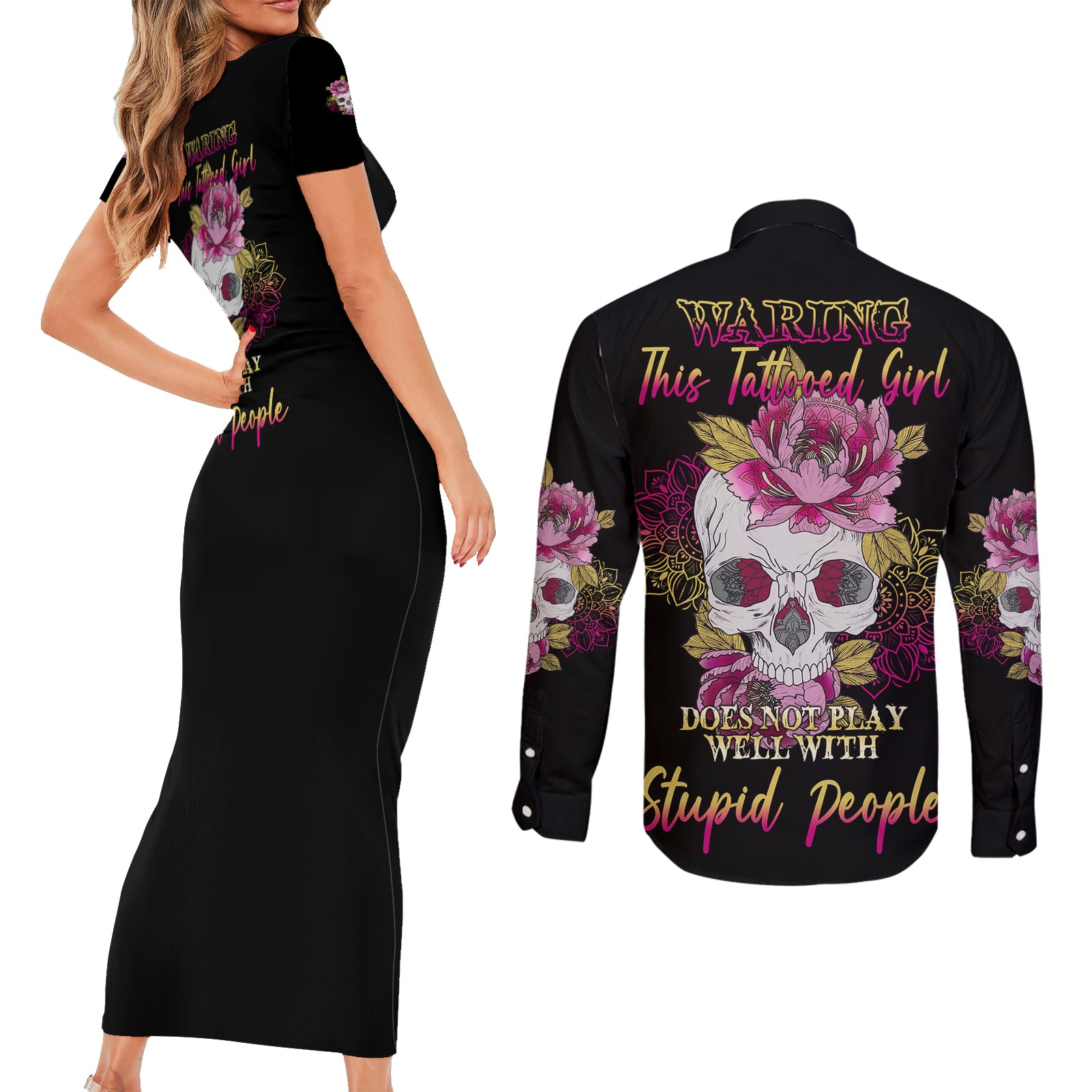 Warning This Tattooed Girl Couples Matching Short Sleeve Bodycon Dress and Long Sleeve Button Shirt - Wonder Print Shop