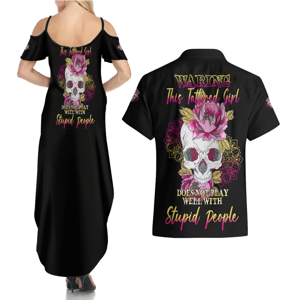Warning This Tattooed Girl Couples Matching Summer Maxi Dress and Hawaiian Shirt - Wonder Print Shop