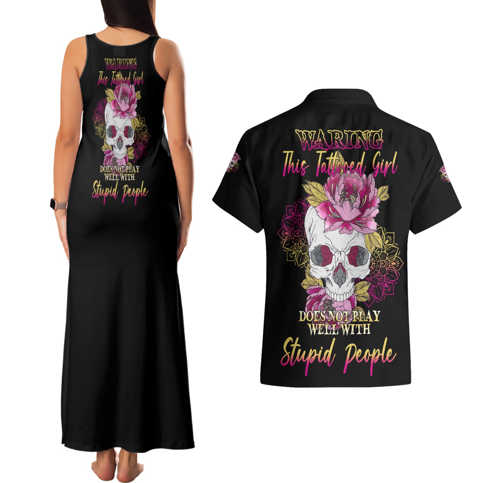 Warning This Tattooed Girl Couples Matching Tank Maxi Dress and Hawaiian Shirt - Wonder Print Shop