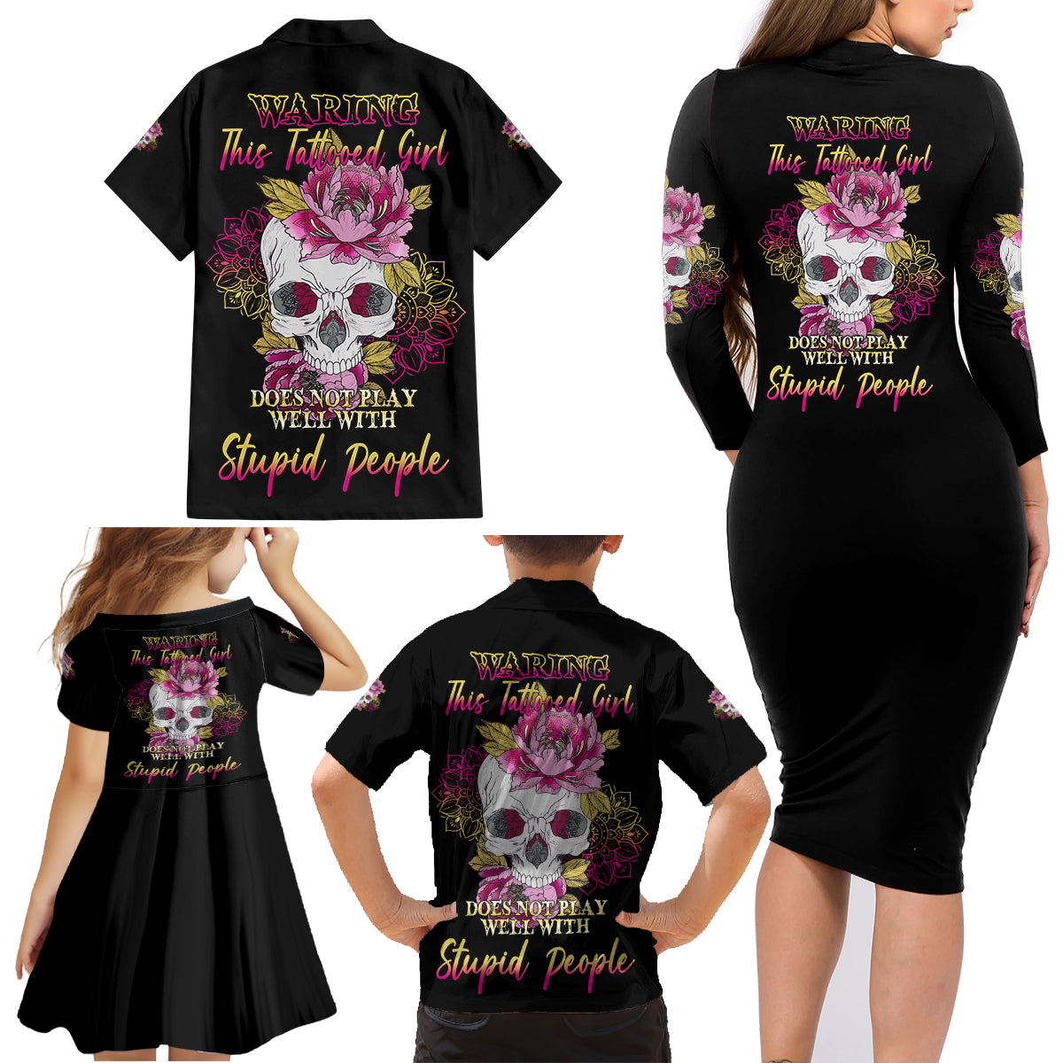 Warning This Tattooed Girl Family Matching Long Sleeve Bodycon Dress and Hawaiian Shirt - Wonder Print Shop