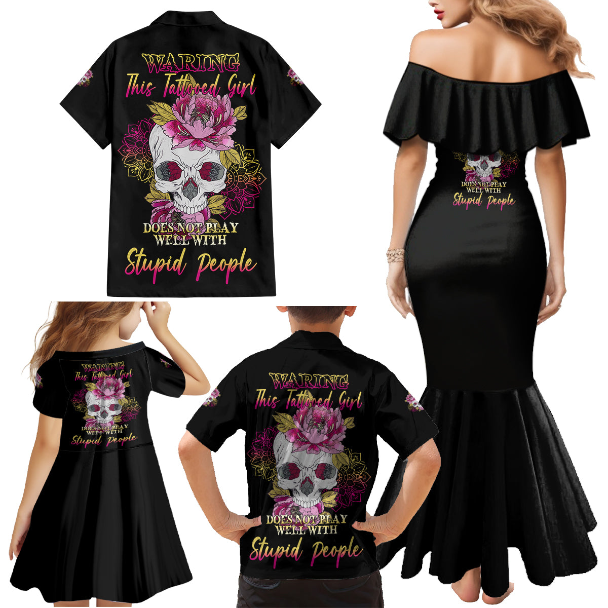 Warning This Tattooed Girl Family Matching Mermaid Dress and Hawaiian Shirt - Wonder Print Shop