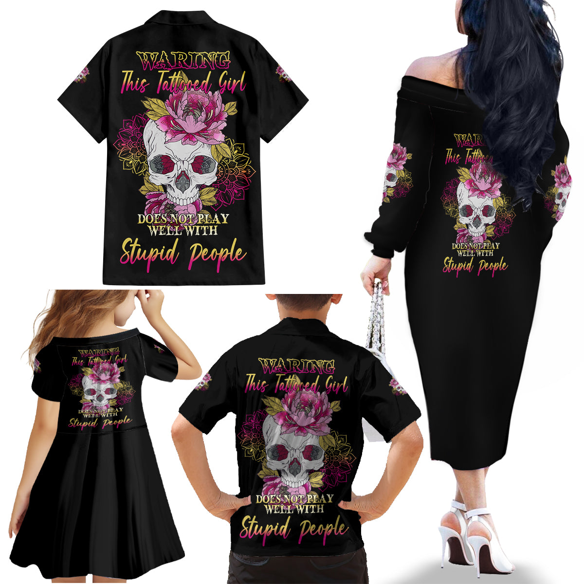 Warning This Tattooed Girl Family Matching Off Shoulder Long Sleeve Dress and Hawaiian Shirt - Wonder Print Shop