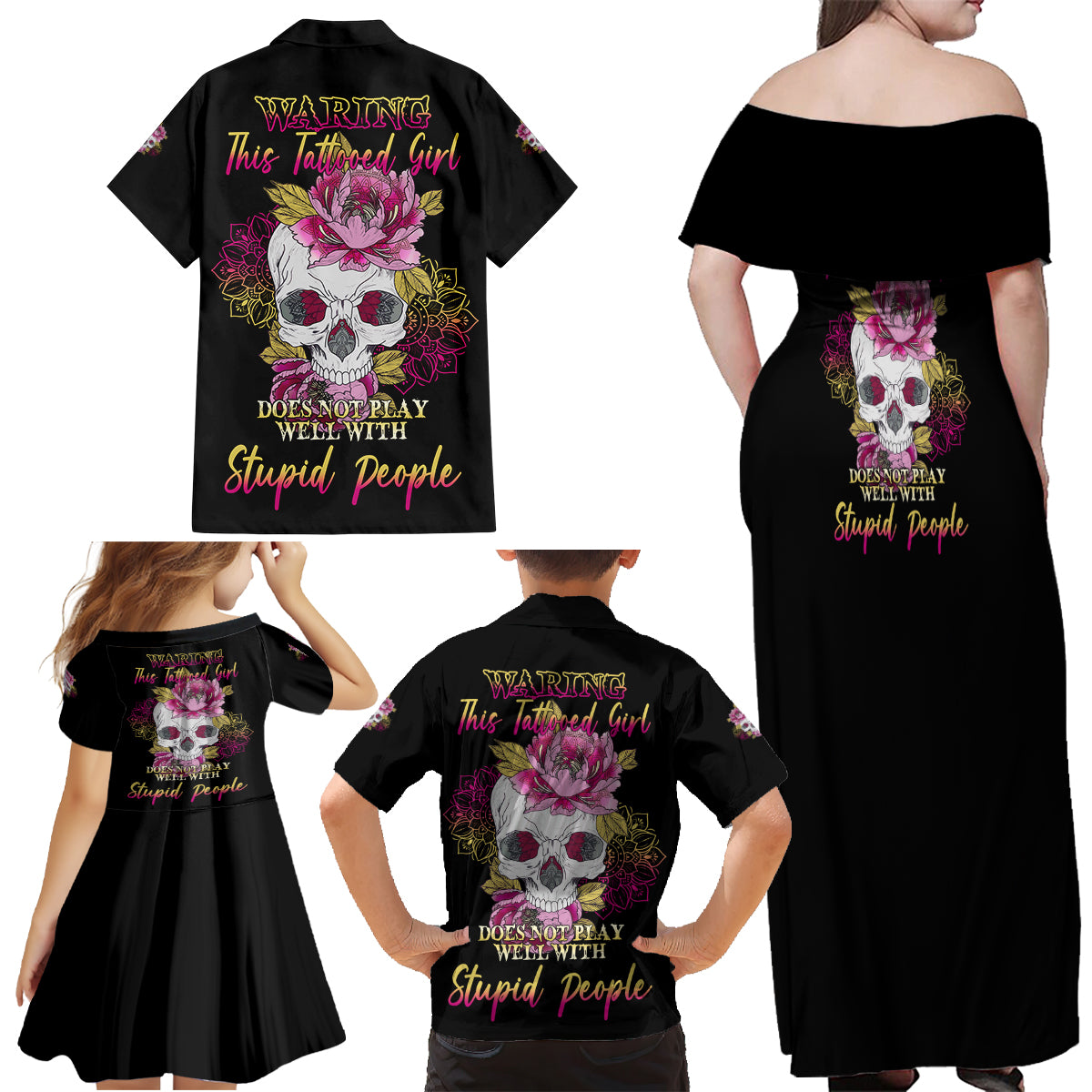 Warning This Tattooed Girl Family Matching Off Shoulder Maxi Dress and Hawaiian Shirt - Wonder Print Shop