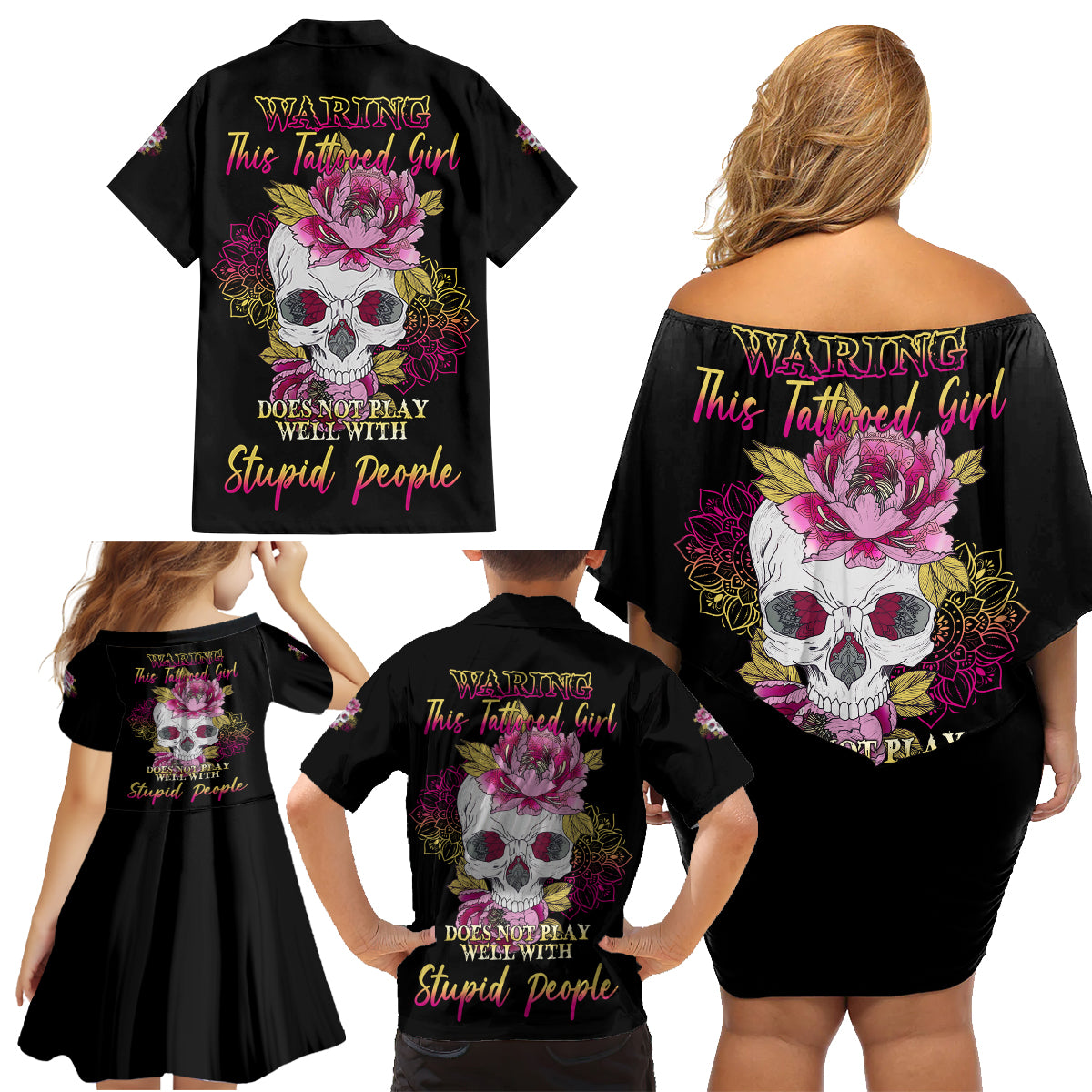 Warning This Tattooed Girl Family Matching Off Shoulder Short Dress and Hawaiian Shirt - Wonder Print Shop