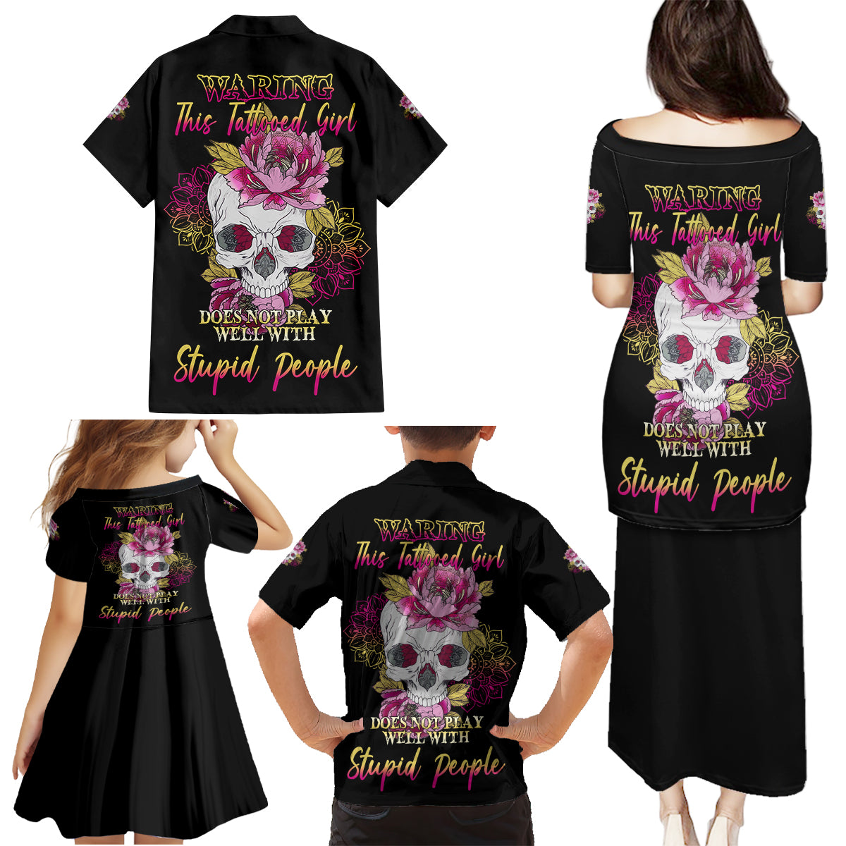 Warning This Tattooed Girl Family Matching Puletasi Dress and Hawaiian Shirt - Wonder Print Shop