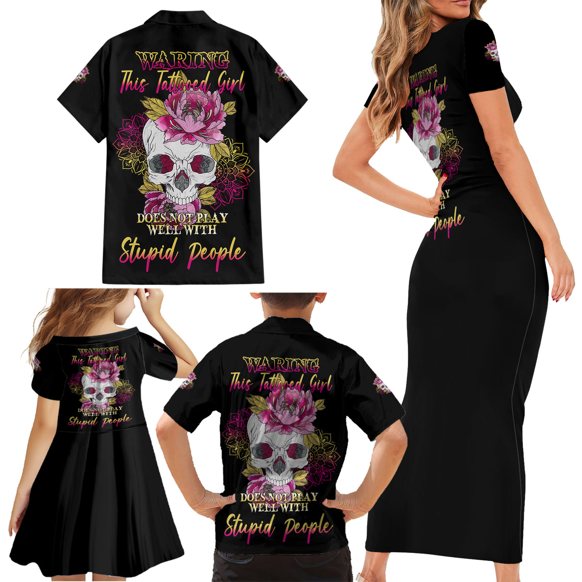 Warning This Tattooed Girl Family Matching Short Sleeve Bodycon Dress and Hawaiian Shirt - Wonder Print Shop