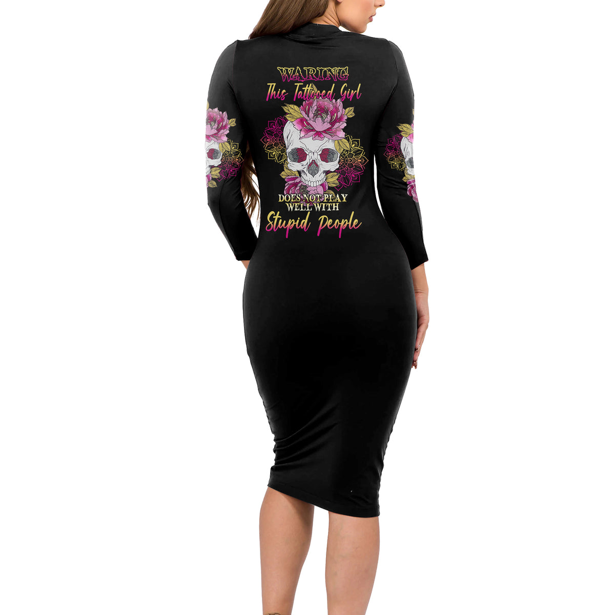 Warning This Tattooed Girl Long Sleeve Bodycon Dress - Wonder Print Shop
