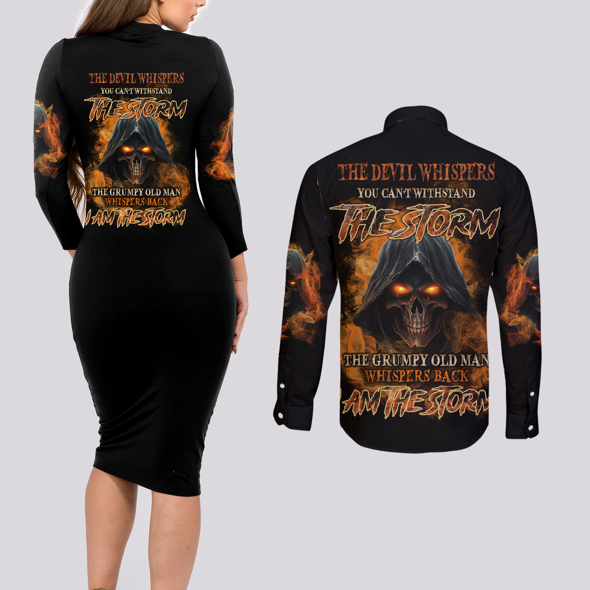 I Am The Storm Grumpy Old Man Couples Matching Long Sleeve Bodycon Dress and Long Sleeve Button Shirt - Wonder Print Shop