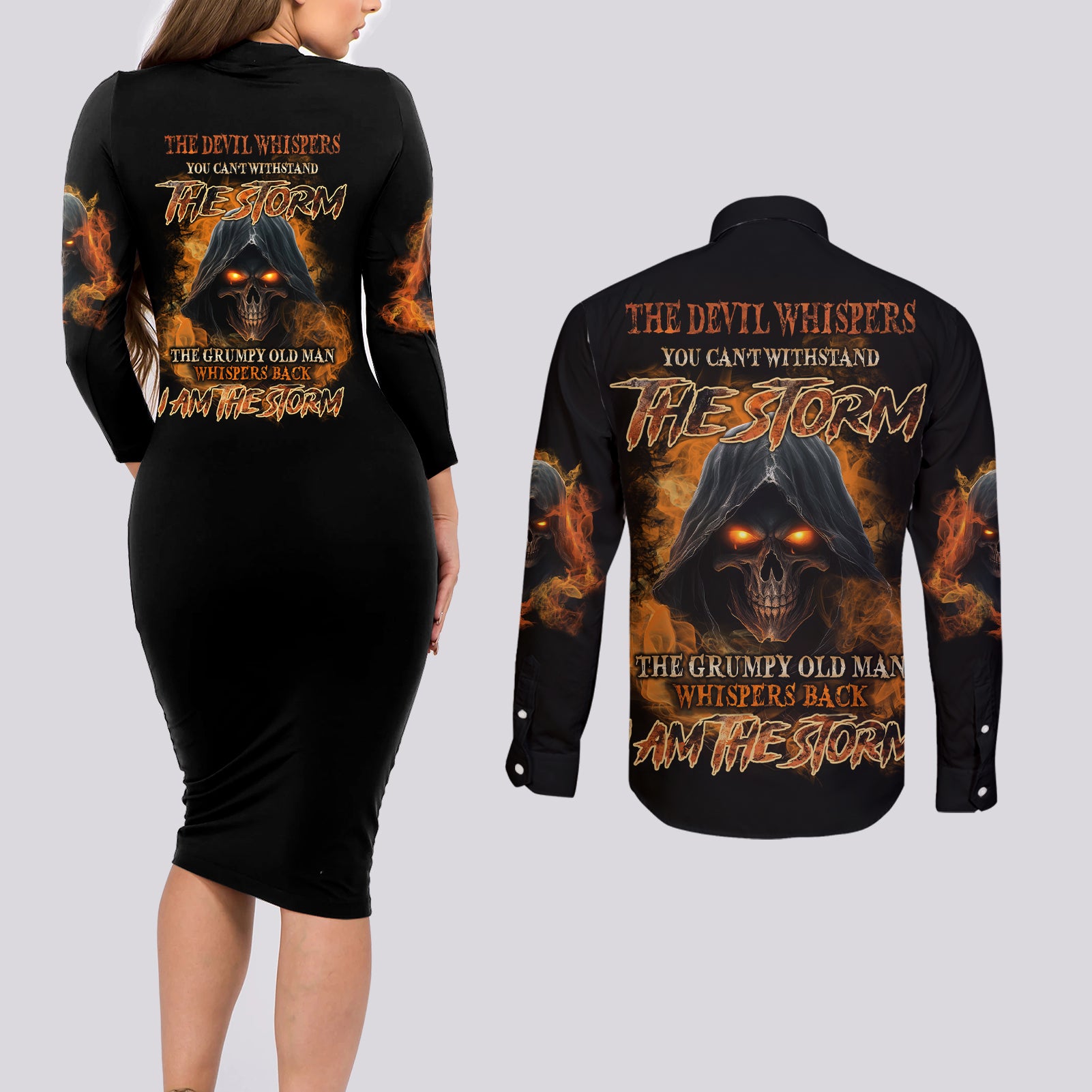 I Am The Storm Grumpy Old Man Couples Matching Long Sleeve Bodycon Dress and Long Sleeve Button Shirt - Wonder Print Shop