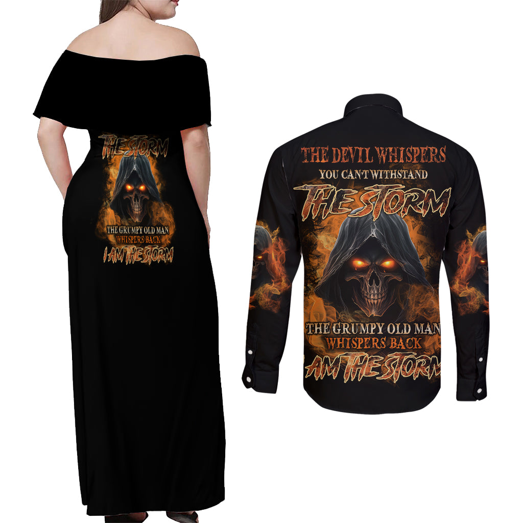 I Am The Storm Grumpy Old Man Couples Matching Off Shoulder Maxi Dress and Long Sleeve Button Shirt - Wonder Print Shop