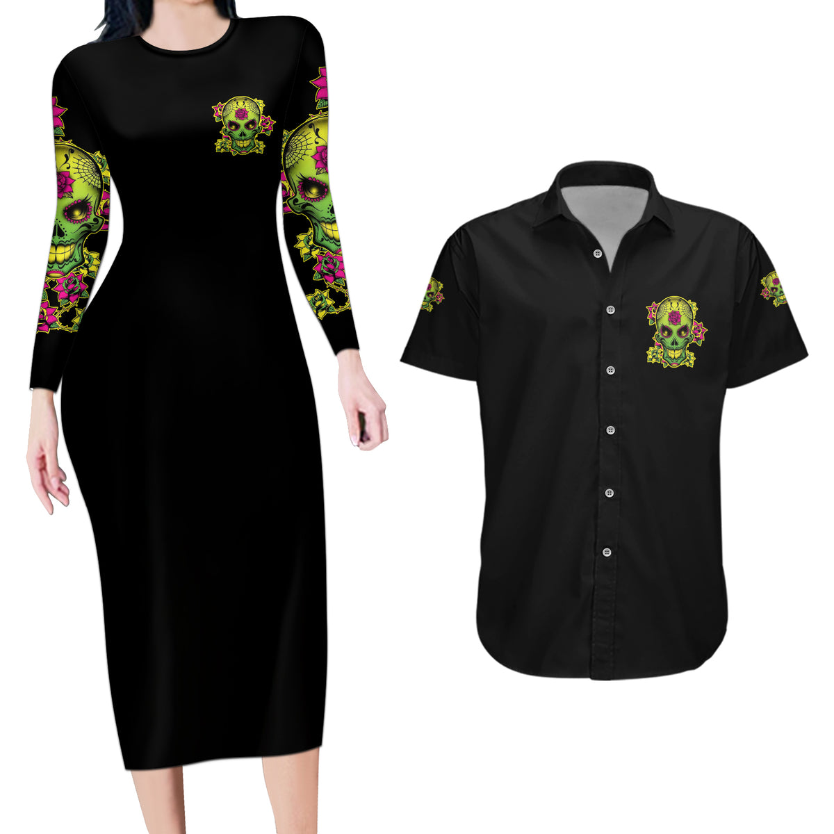 Warning This Tattooed Girl Flower Sugar Skull Couples Matching Long Sleeve Bodycon Dress and Hawaiian Shirt - Wonder Print Shop
