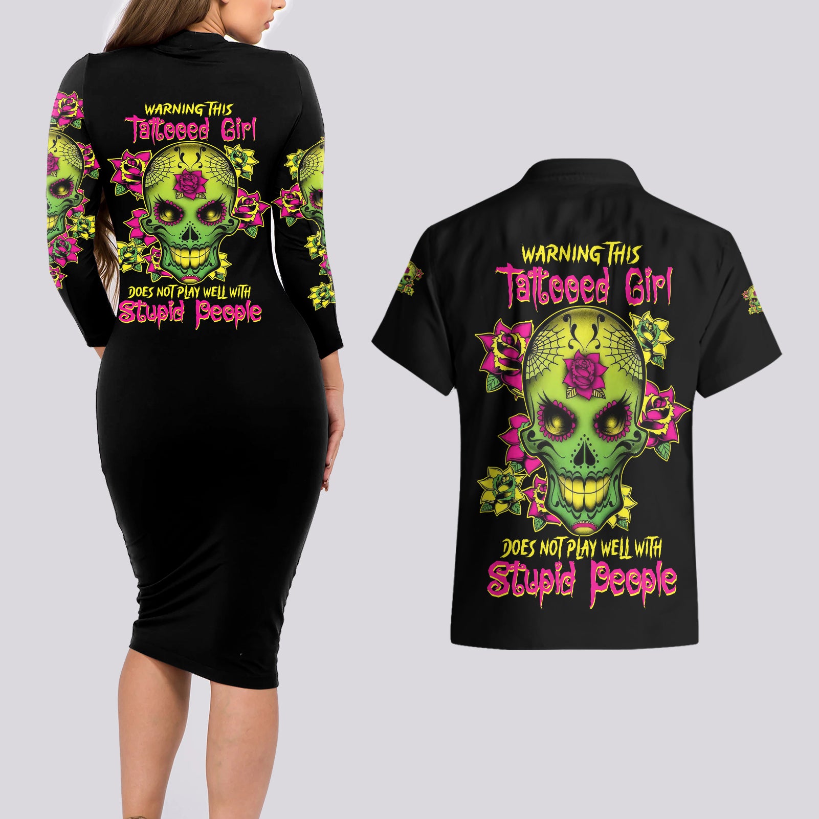 Warning This Tattooed Girl Flower Sugar Skull Couples Matching Long Sleeve Bodycon Dress and Hawaiian Shirt - Wonder Print Shop