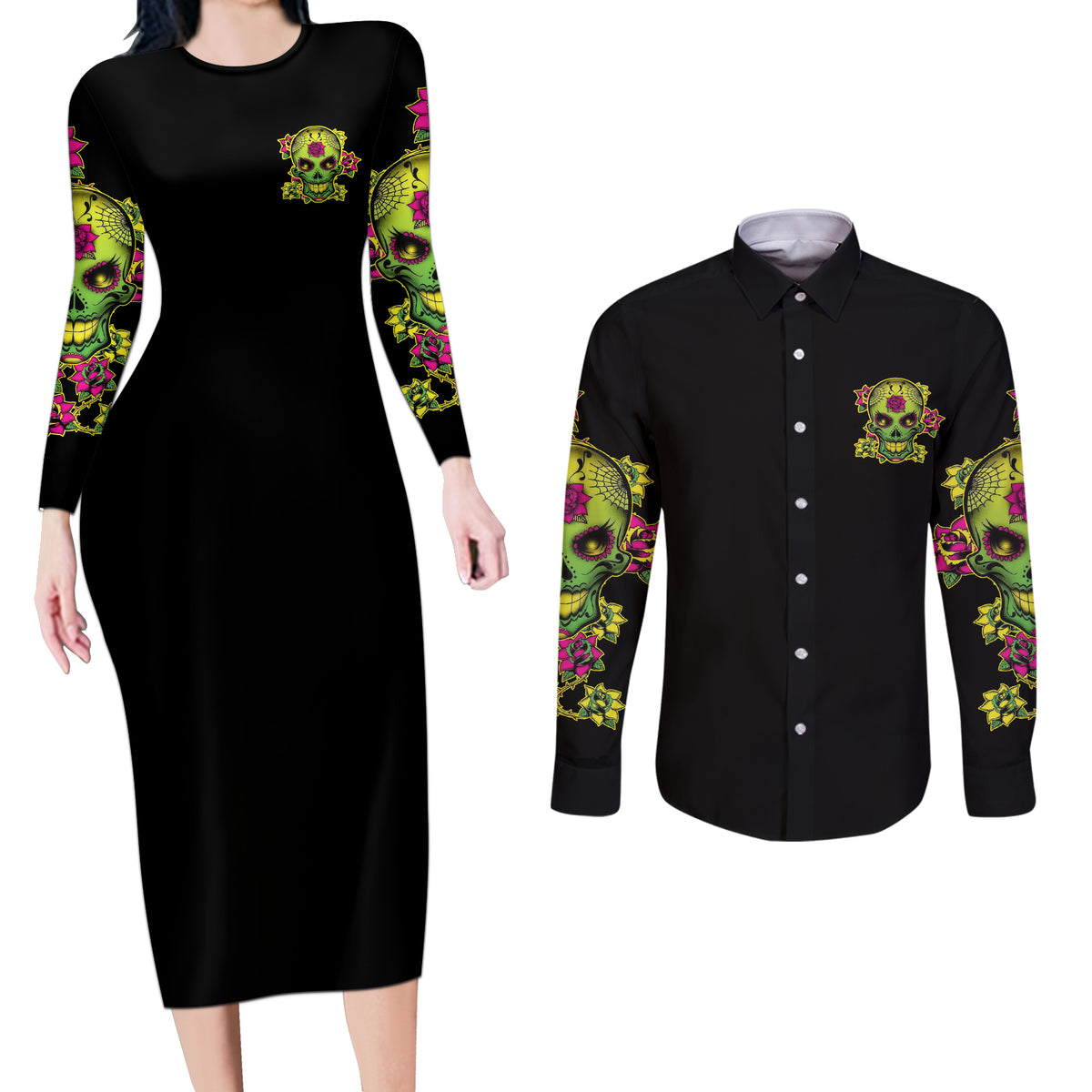 Warning This Tattooed Girl Flower Sugar Skull Couples Matching Long Sleeve Bodycon Dress and Long Sleeve Button Shirt - Wonder Print Shop