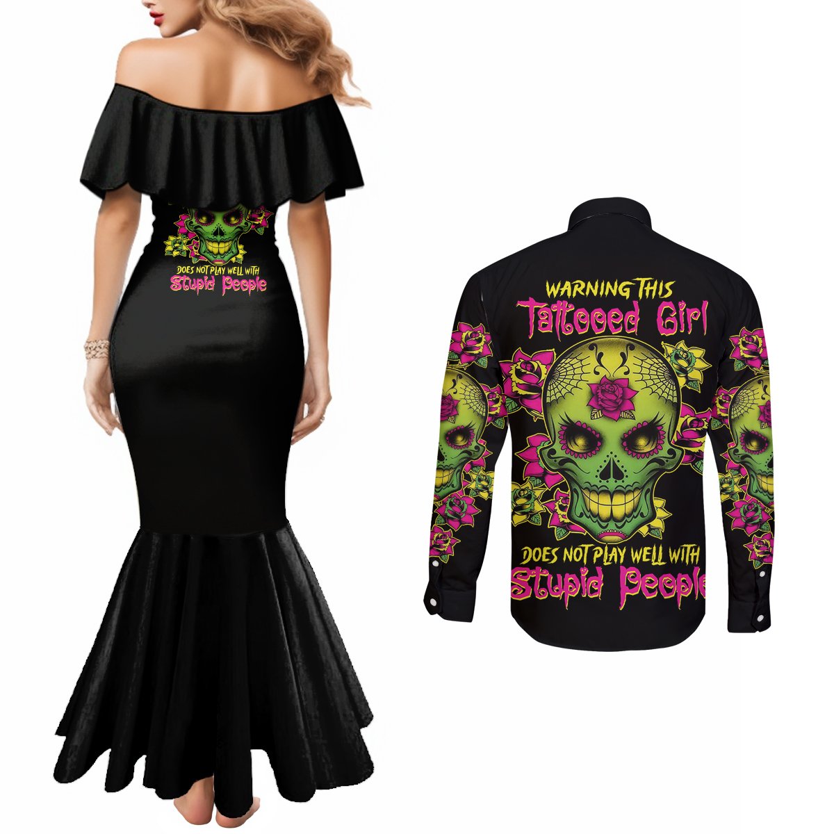 warning-this-tattooed-girl-flower-sugar-skull-couples-matching-mermaid-dress-and-long-sleeve-button-shirt
