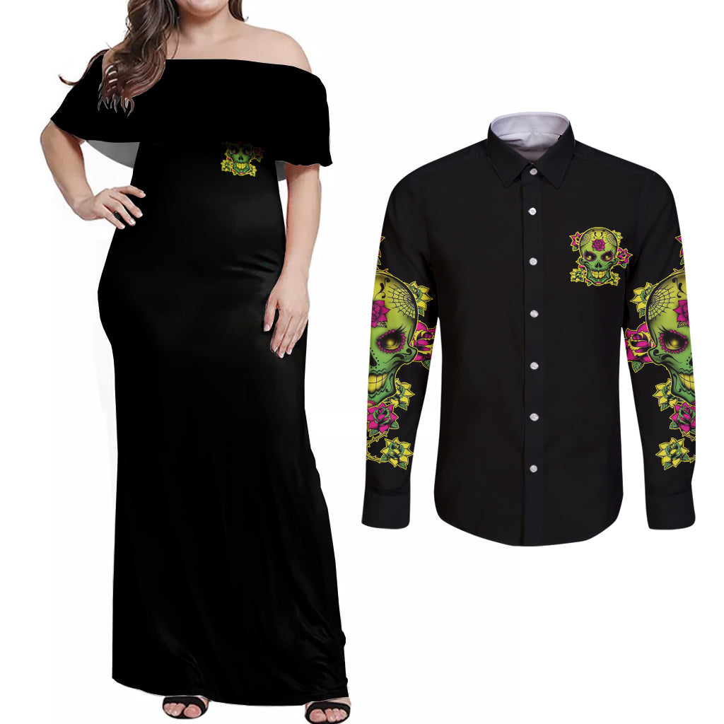 Warning This Tattooed Girl Flower Sugar Skull Couples Matching Off Shoulder Maxi Dress and Long Sleeve Button Shirt - Wonder Print Shop