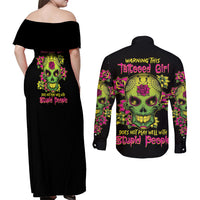 Warning This Tattooed Girl Flower Sugar Skull Couples Matching Off Shoulder Maxi Dress and Long Sleeve Button Shirt - Wonder Print Shop