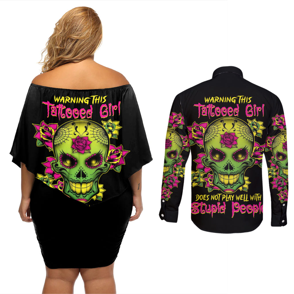 Warning This Tattooed Girl Flower Sugar Skull Couples Matching Off Shoulder Short Dress and Long Sleeve Button Shirt - Wonder Print Shop