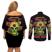 Warning This Tattooed Girl Flower Sugar Skull Couples Matching Off Shoulder Short Dress and Long Sleeve Button Shirt - Wonder Print Shop