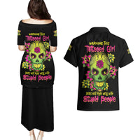 Warning This Tattooed Girl Flower Sugar Skull Couples Matching Puletasi Dress and Hawaiian Shirt - Wonder Print Shop