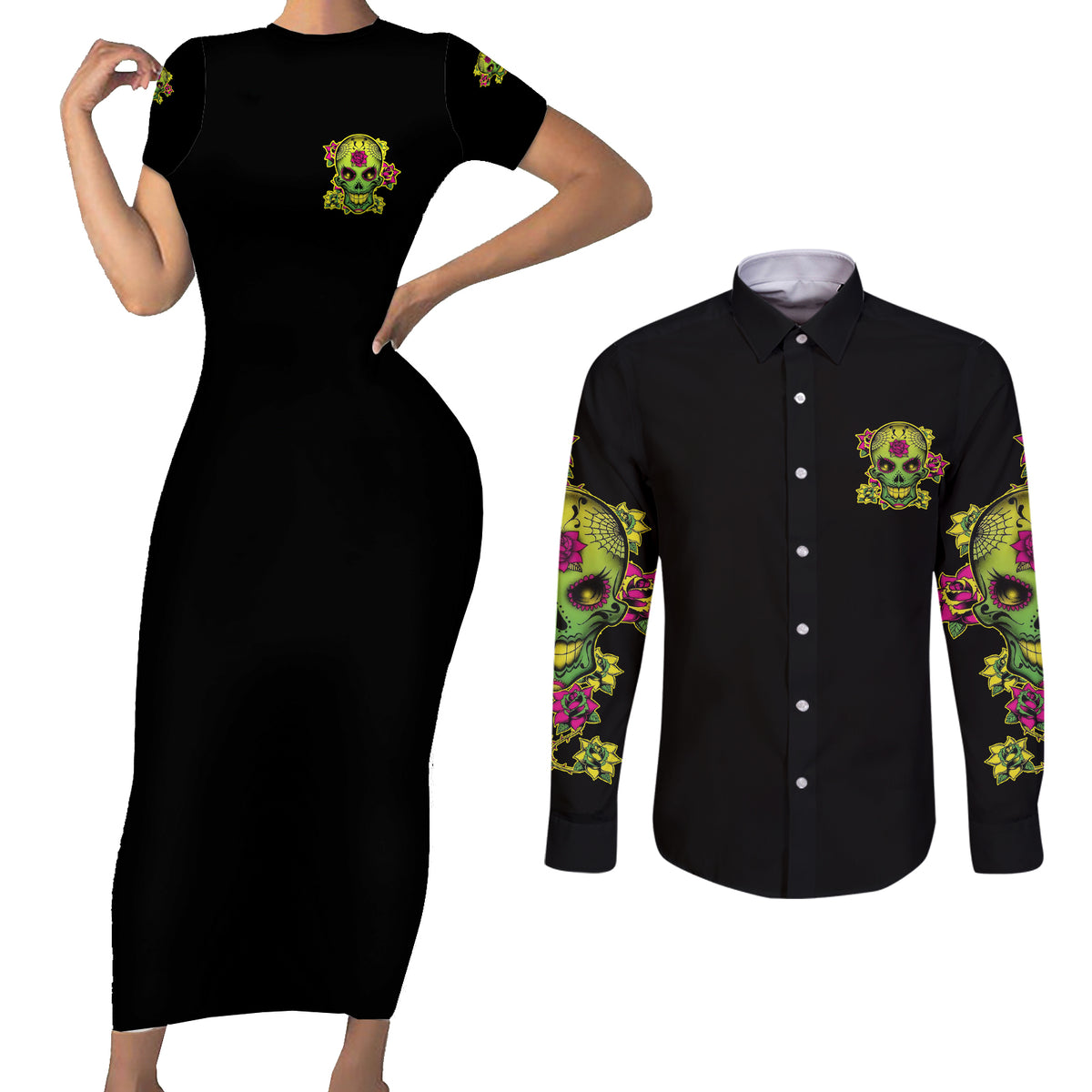 Warning This Tattooed Girl Flower Sugar Skull Couples Matching Short Sleeve Bodycon Dress and Long Sleeve Button Shirt - Wonder Print Shop