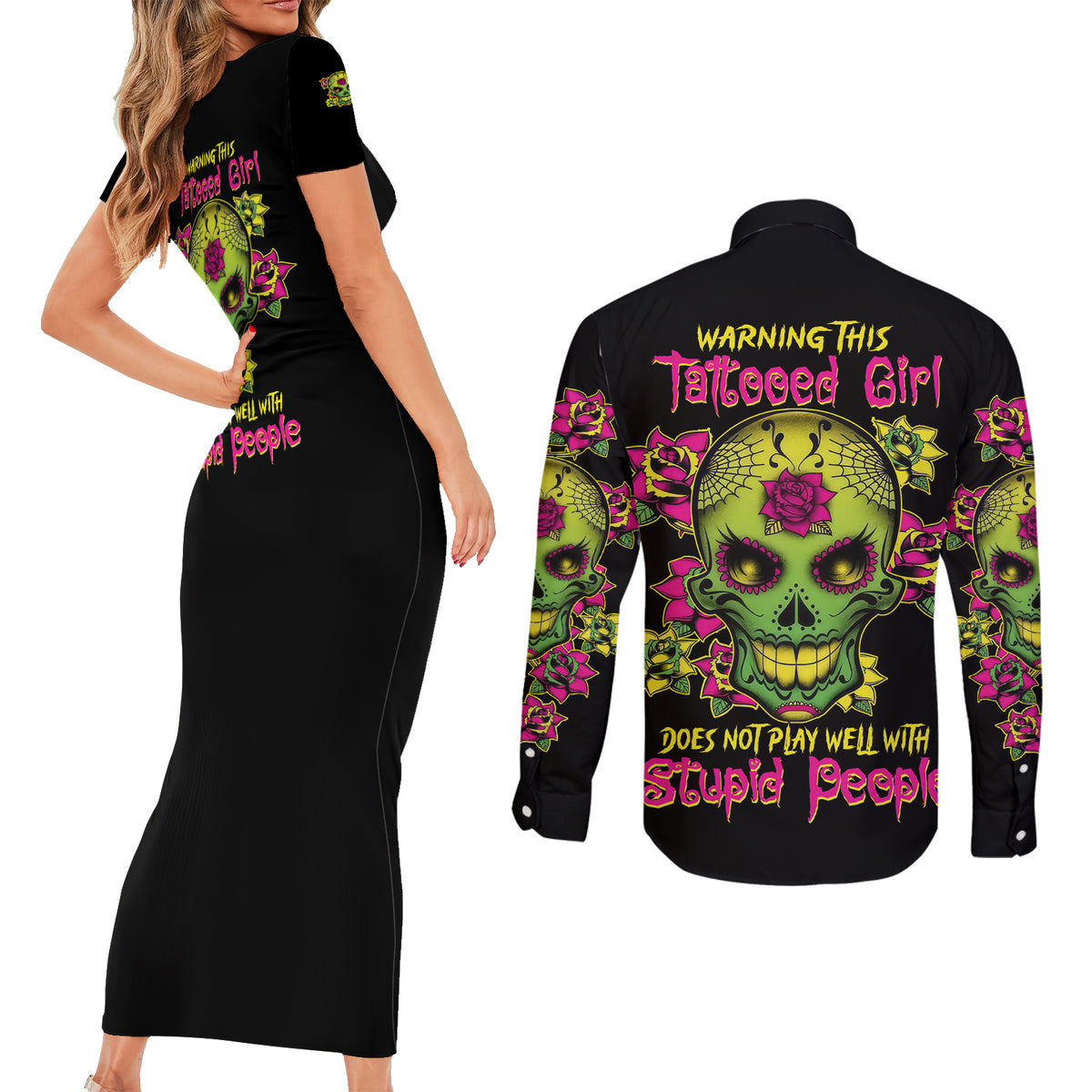 Warning This Tattooed Girl Flower Sugar Skull Couples Matching Short Sleeve Bodycon Dress and Long Sleeve Button Shirt - Wonder Print Shop