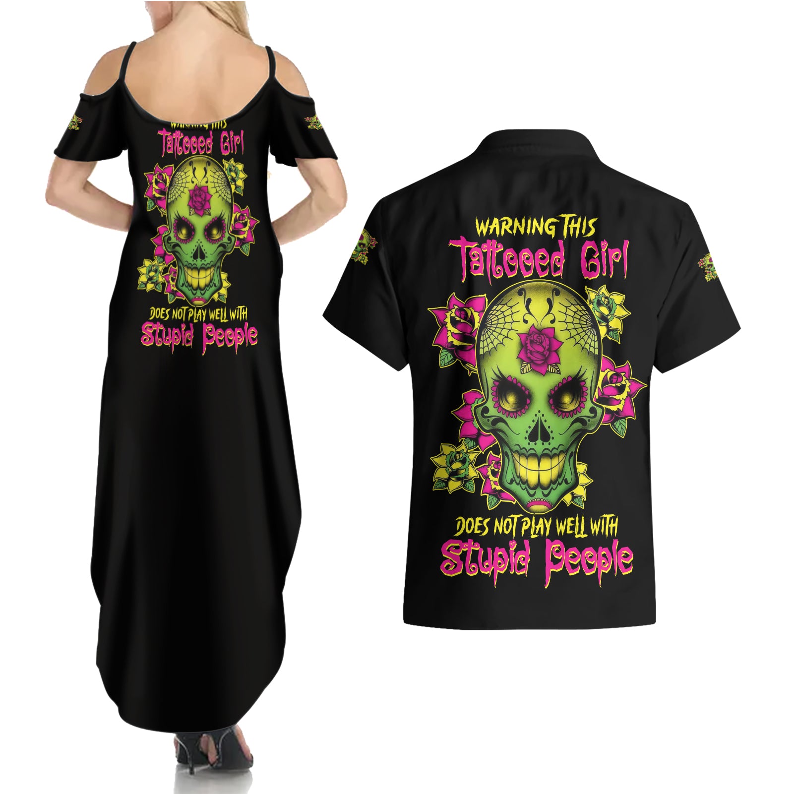 Warning This Tattooed Girl Flower Sugar Skull Couples Matching Summer Maxi Dress and Hawaiian Shirt - Wonder Print Shop