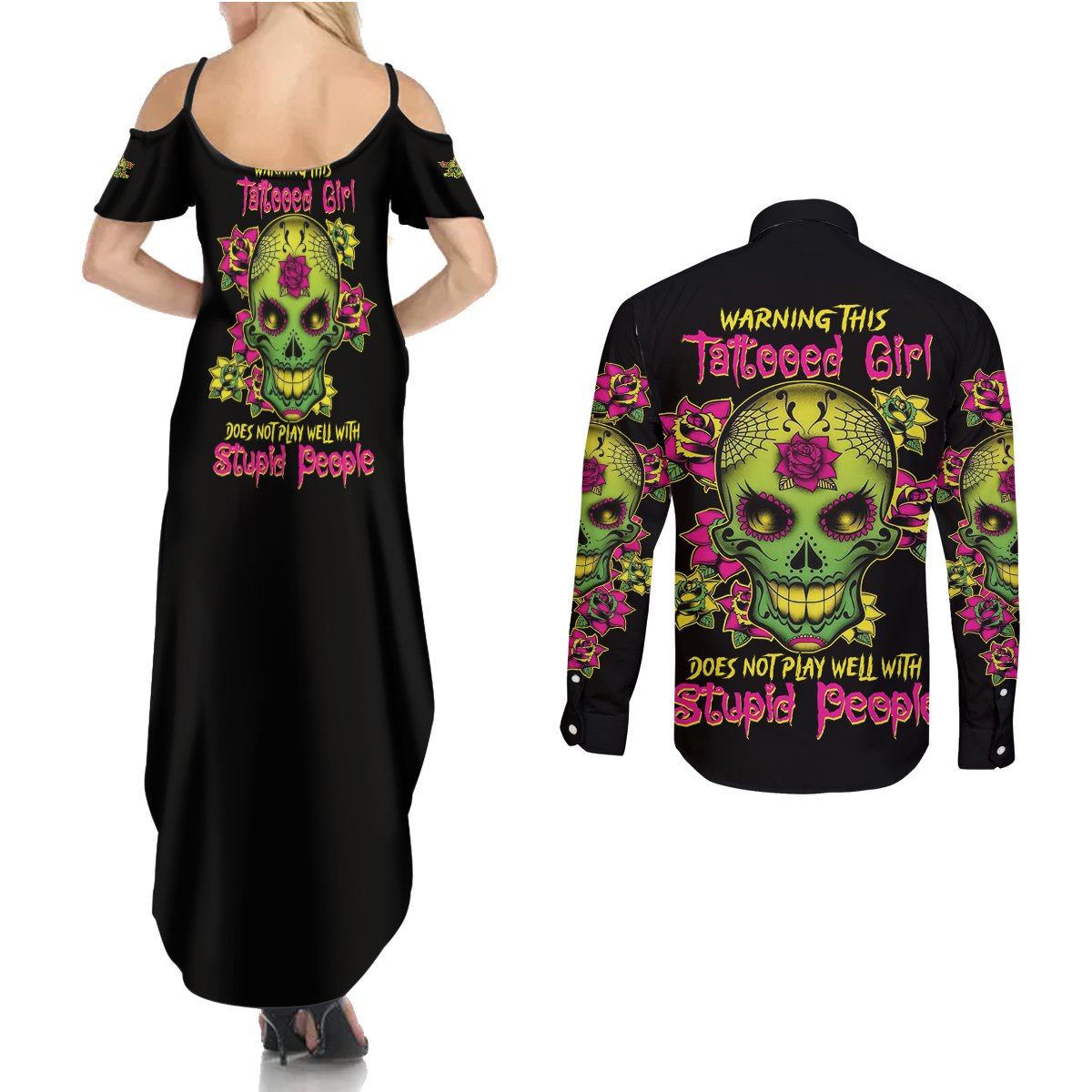 Warning This Tattooed Girl Flower Sugar Skull Couples Matching Summer Maxi Dress and Long Sleeve Button Shirt - Wonder Print Shop