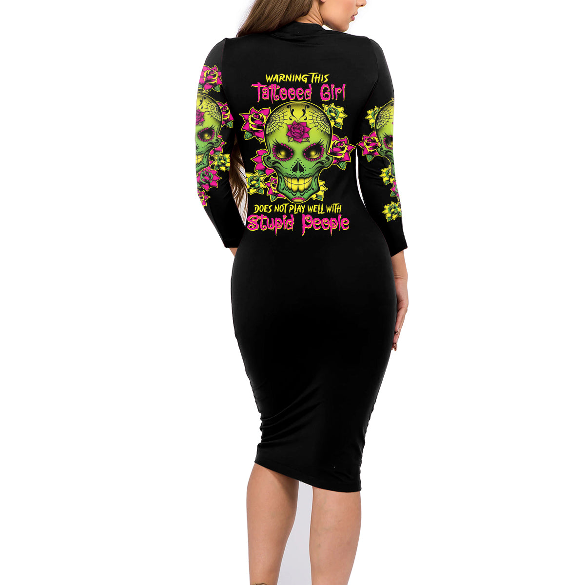 Warning This Tattooed Girl Flower Sugar Skull Family Matching Long Sleeve Bodycon Dress and Hawaiian Shirt - Wonder Print Shop
