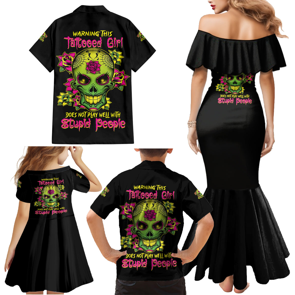 Warning This Tattooed Girl Flower Sugar Skull Family Matching Mermaid Dress and Hawaiian Shirt - Wonder Print Shop