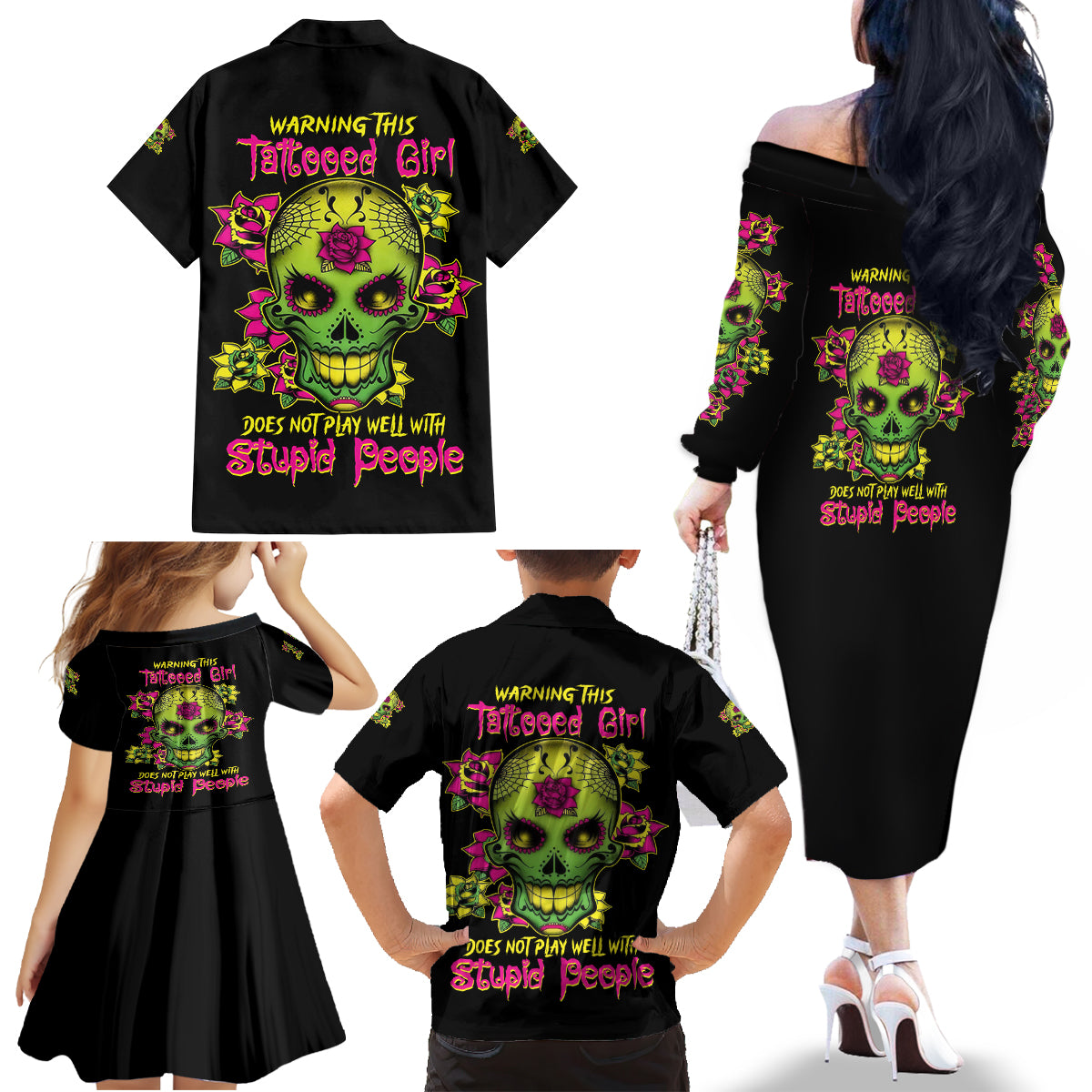 Warning This Tattooed Girl Flower Sugar Skull Family Matching Off Shoulder Long Sleeve Dress and Hawaiian Shirt - Wonder Print Shop