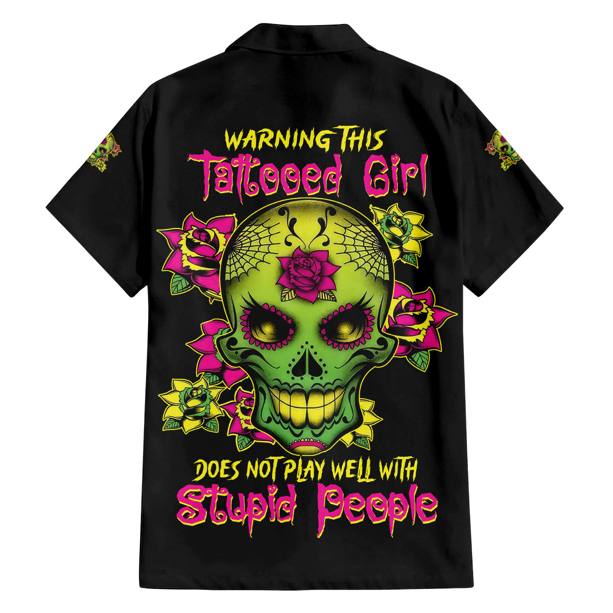 Warning This Tattooed Girl Flower Sugar Skull Family Matching Off Shoulder Maxi Dress and Hawaiian Shirt - Wonder Print Shop