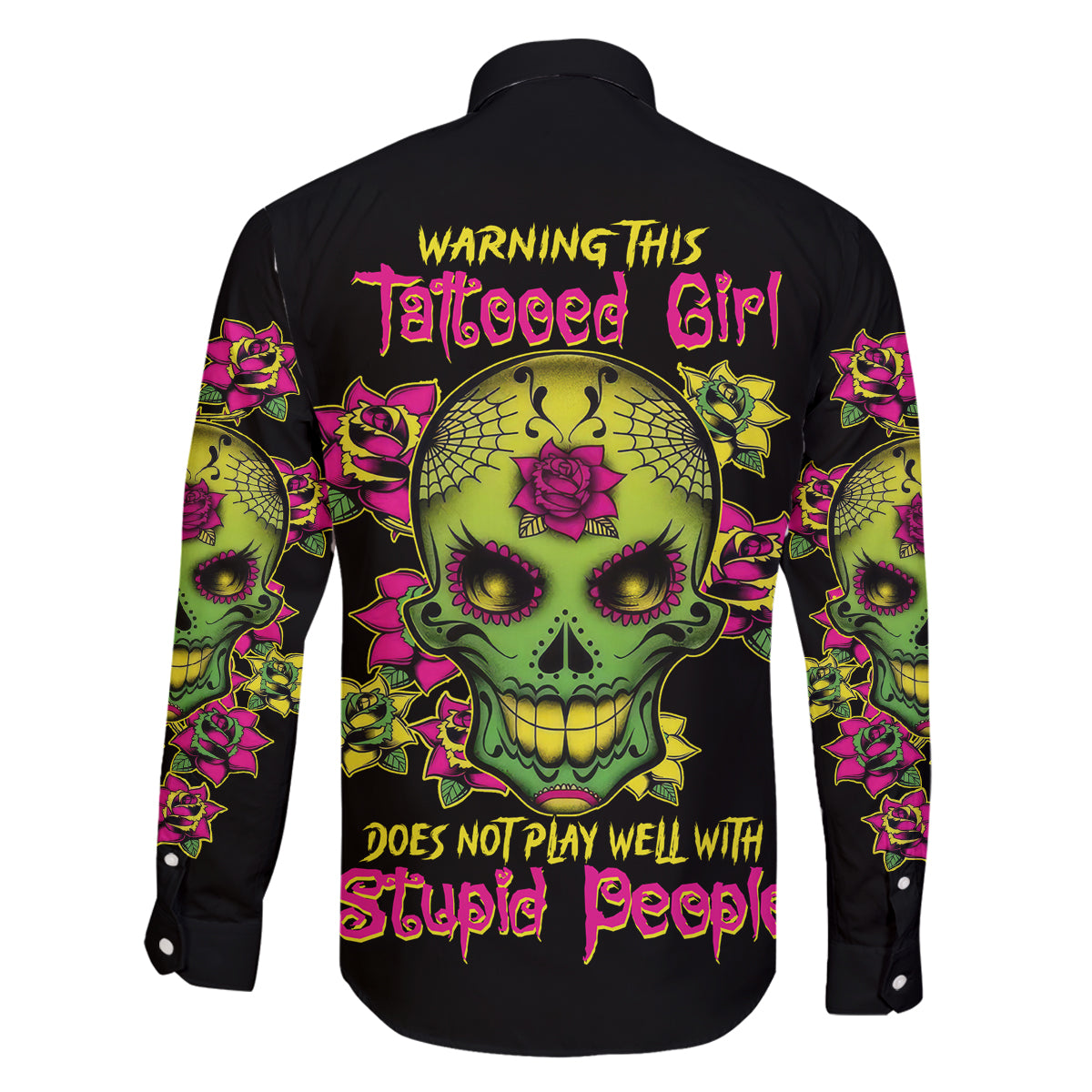 Warning This Tattooed Girl Flower Sugar Skull Family Matching Off Shoulder Short Dress and Hawaiian Shirt - Wonder Print Shop