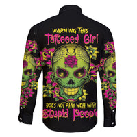 Warning This Tattooed Girl Flower Sugar Skull Family Matching Short Sleeve Bodycon Dress and Hawaiian Shirt - Wonder Print Shop