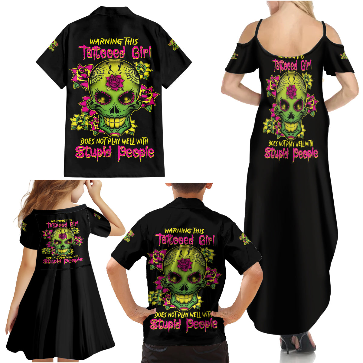 Warning This Tattooed Girl Flower Sugar Skull Family Matching Summer Maxi Dress and Hawaiian Shirt - Wonder Print Shop