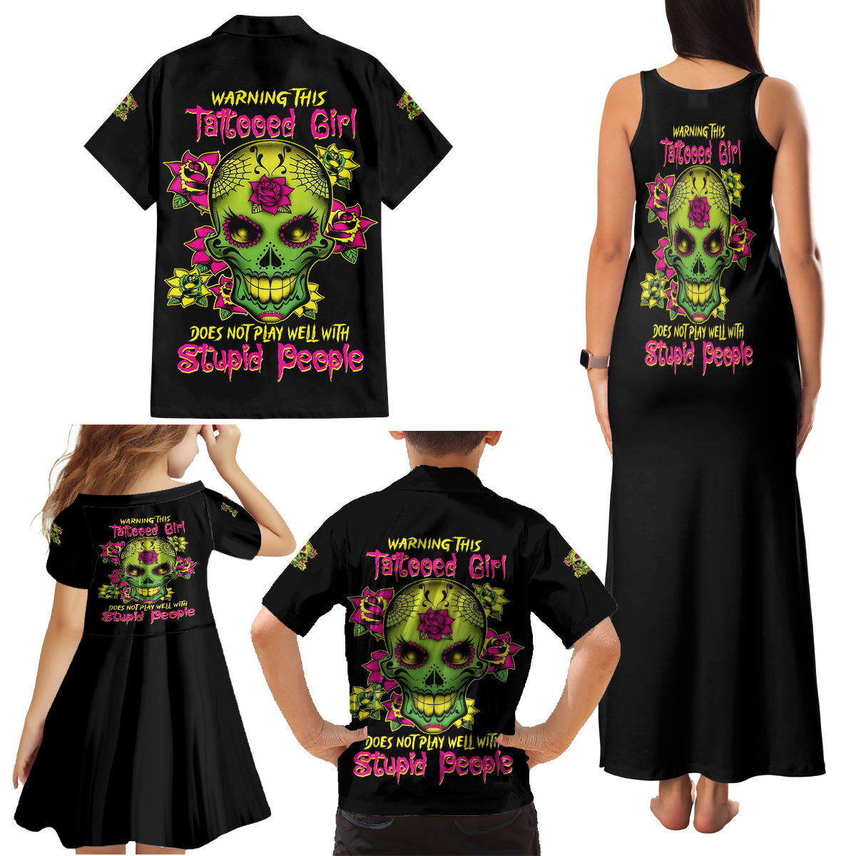 Warning This Tattooed Girl Flower Sugar Skull Family Matching Tank Maxi Dress and Hawaiian Shirt - Wonder Print Shop