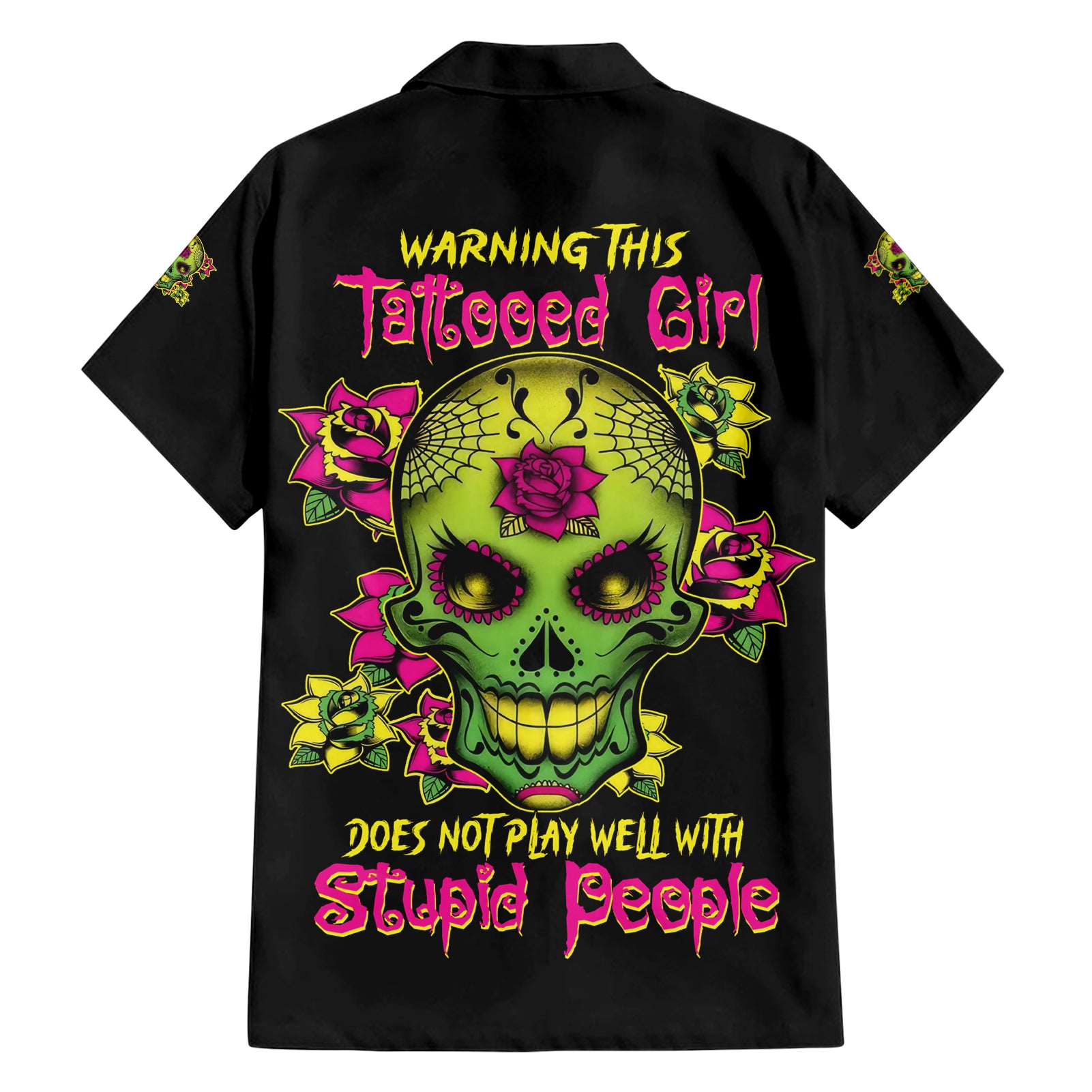 Warning This Tattooed Girl Flower Sugar Skull Hawaiian Shirt - Wonder Print Shop