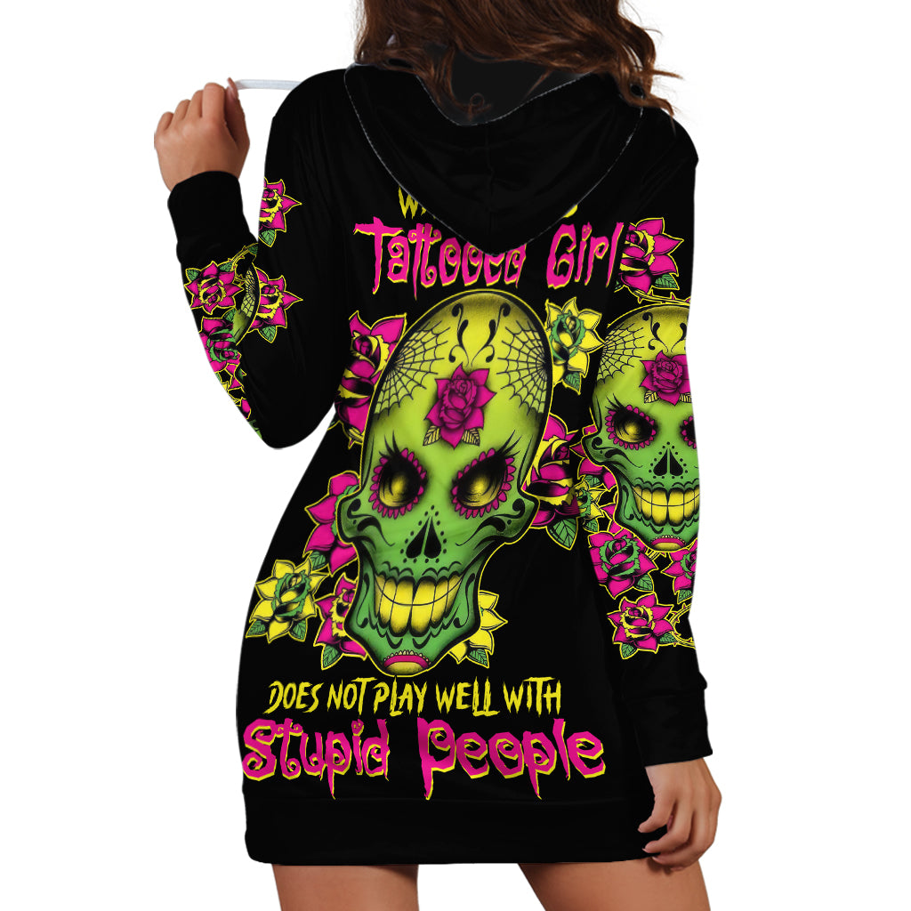 Warning This Tattooed Girl Flower Sugar Skull Hoodie Dress - Wonder Print Shop