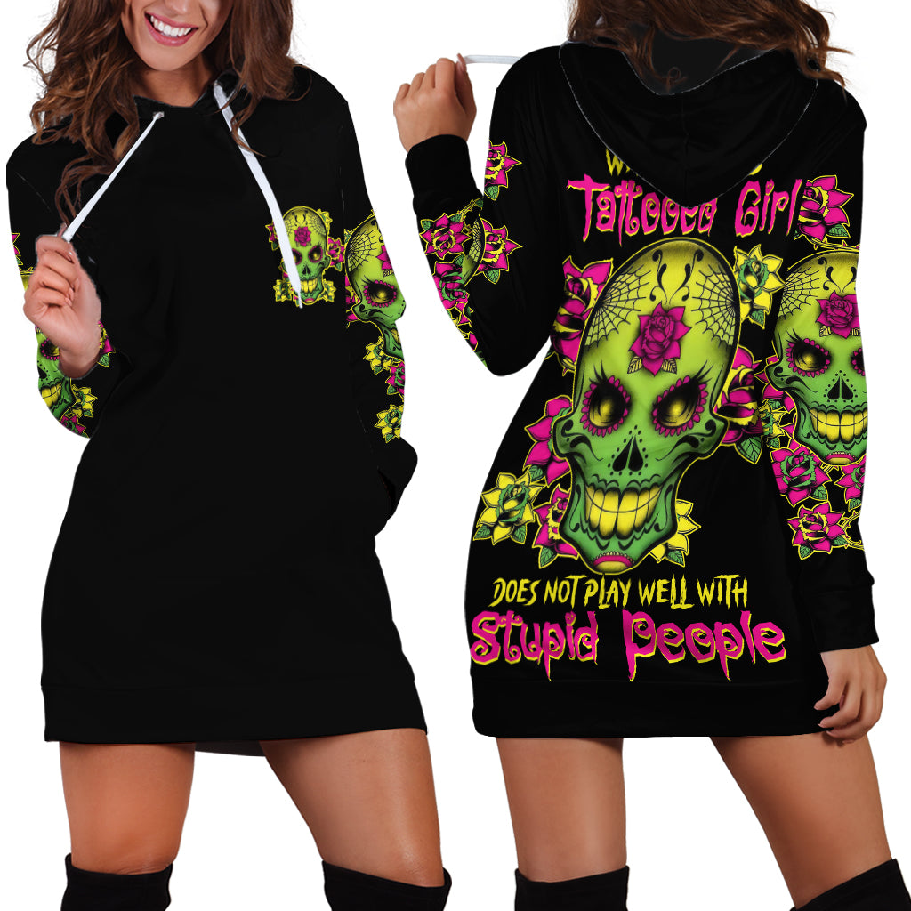 Warning This Tattooed Girl Flower Sugar Skull Hoodie Dress - Wonder Print Shop