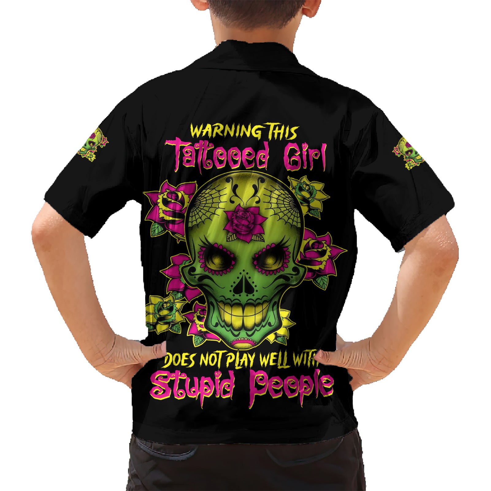 Warning This Tattooed Girl Flower Sugar Skull Kid Hawaiian Shirt - Wonder Print Shop