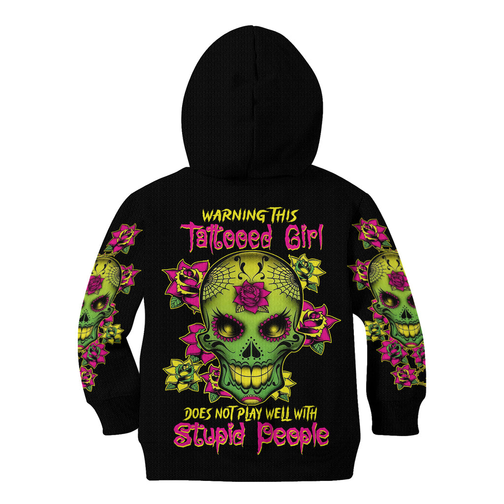Warning This Tattooed Girl Flower Sugar Skull Kid Hoodie - Wonder Print Shop