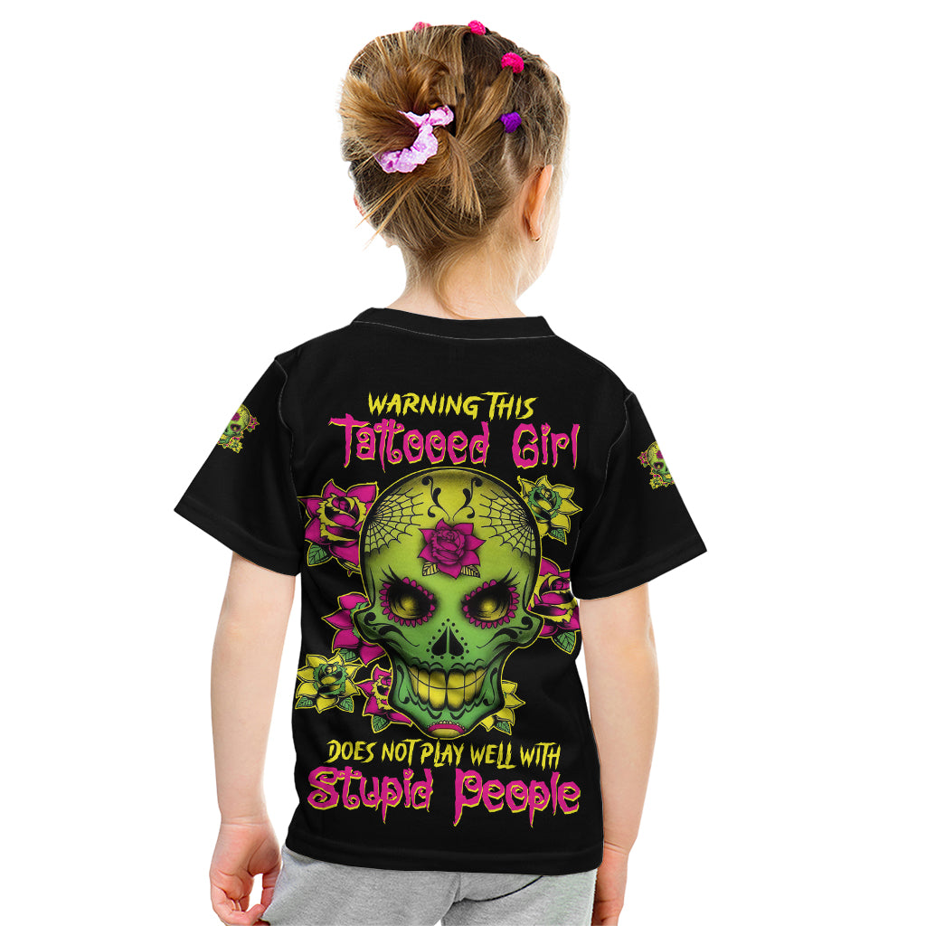 Warning This Tattooed Girl Flower Sugar Skull Kid T Shirt - Wonder Print Shop