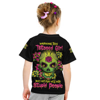 Warning This Tattooed Girl Flower Sugar Skull Kid T Shirt - Wonder Print Shop