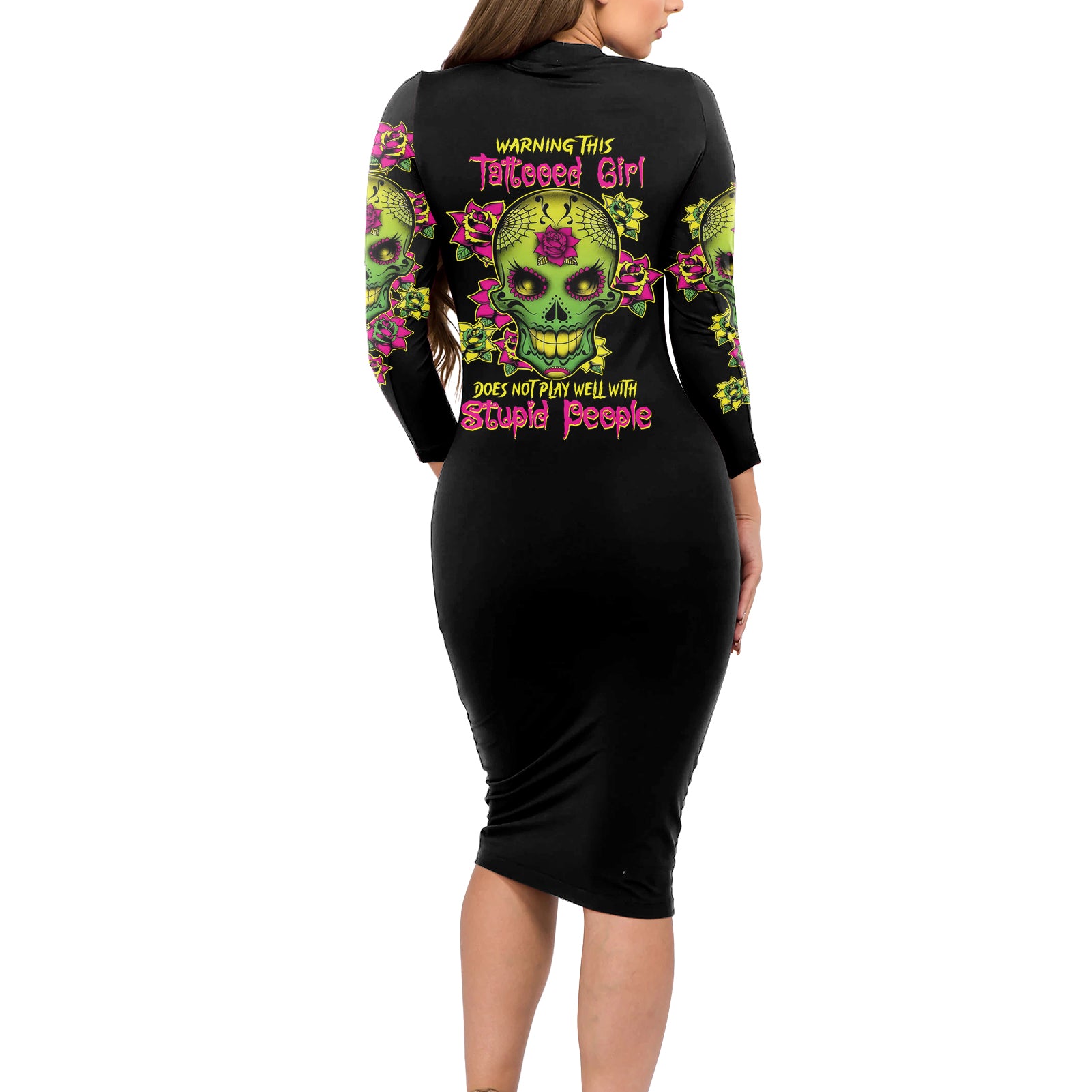 Warning This Tattooed Girl Flower Sugar Skull Long Sleeve Bodycon Dress - Wonder Print Shop