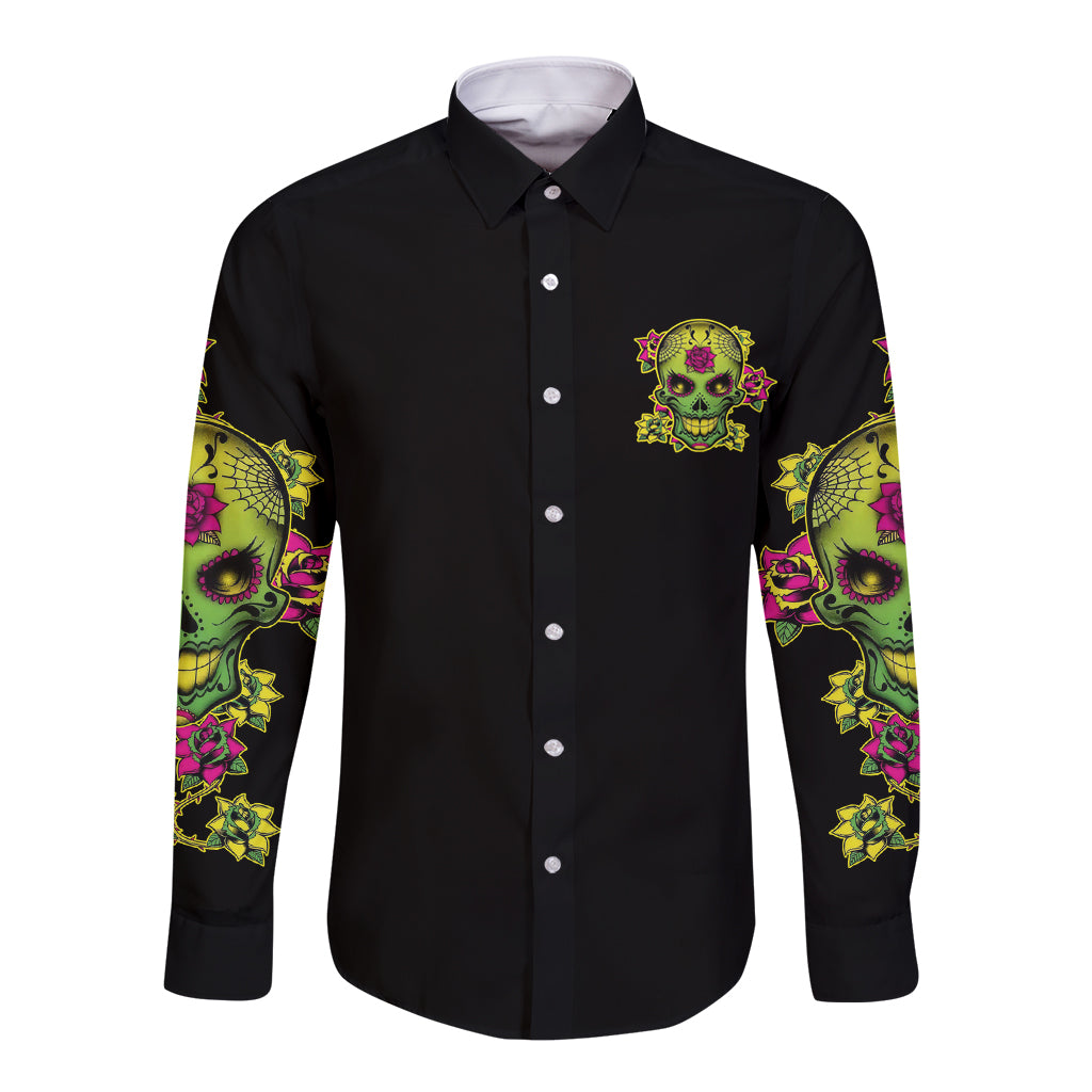 Warning This Tattooed Girl Flower Sugar Skull Long Sleeve Button Shirt - Wonder Print Shop