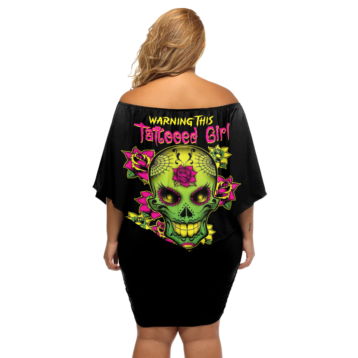 Warning This Tattooed Girl Flower Sugar Skull Off Shoulder Short Dress - Wonder Print Shop