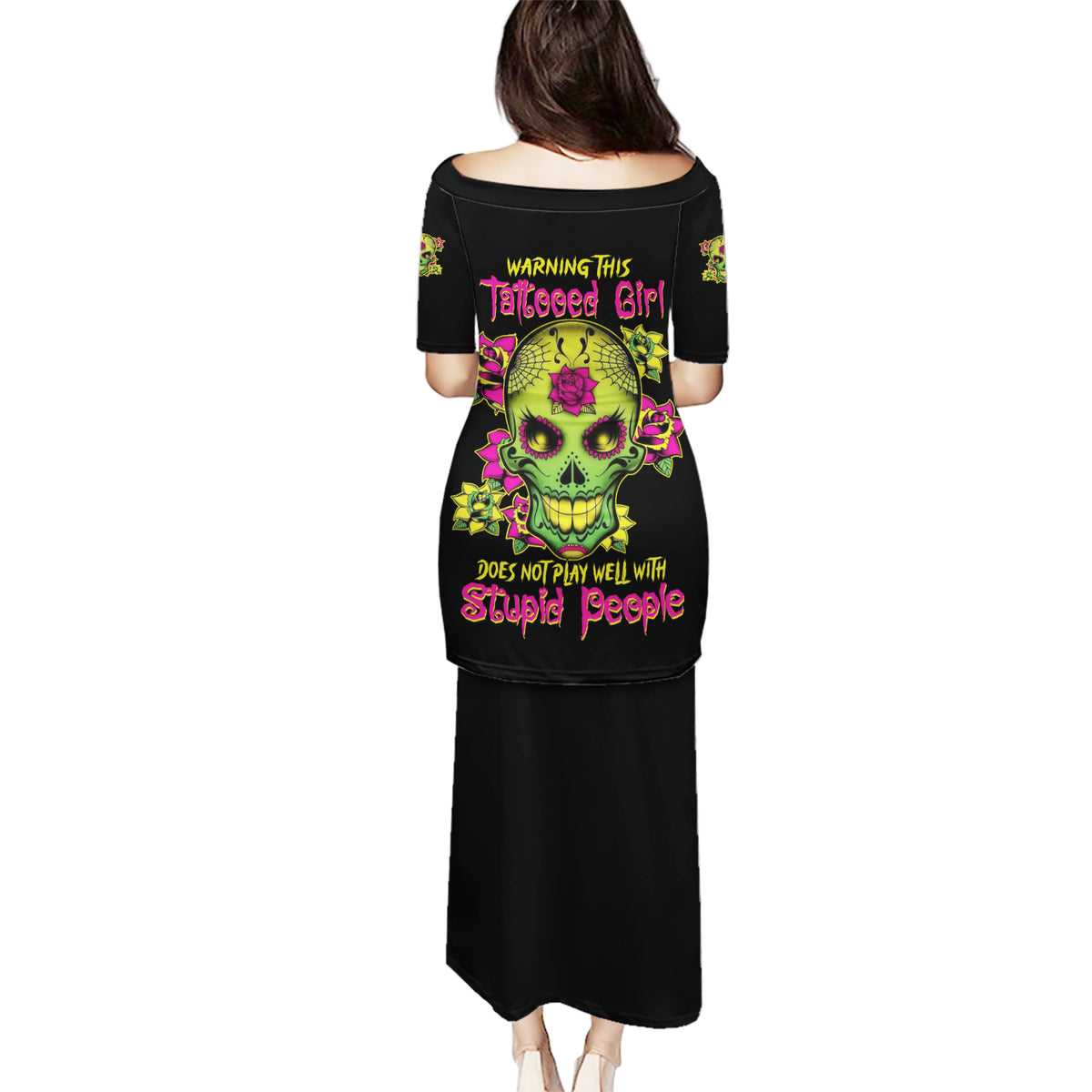 Warning This Tattooed Girl Flower Sugar Skull Puletasi - Wonder Print Shop