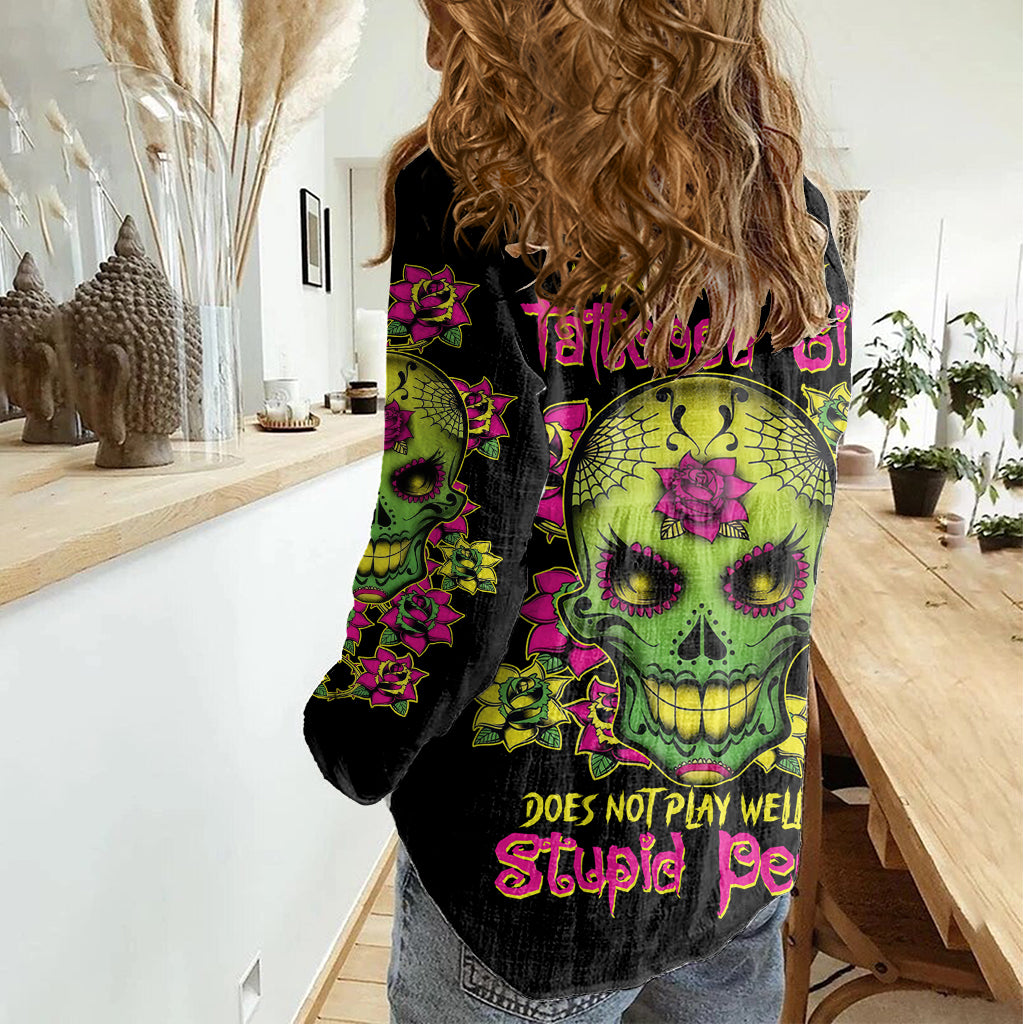 Warning This Tattooed Girl Flower Sugar Skull Women Casual Shirt - Wonder Print Shop