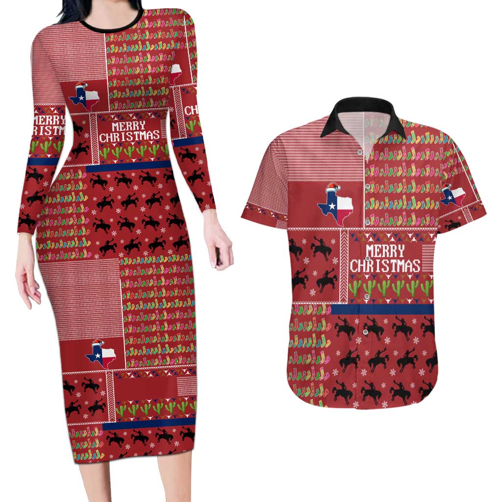 Texas Map Merry Christmas Couples Matching Long Sleeve Bodycon Dress and Hawaiian Shirt Xmas Holiday Patterns - Wonder Print Shop