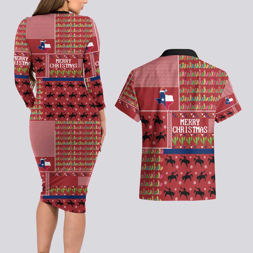 Texas Map Merry Christmas Couples Matching Long Sleeve Bodycon Dress and Hawaiian Shirt Xmas Holiday Patterns - Wonder Print Shop