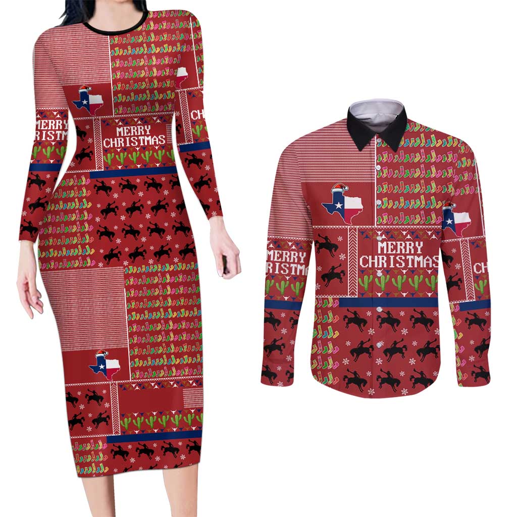 Texas Map Merry Christmas Couples Matching Long Sleeve Bodycon Dress and Long Sleeve Button Shirt Xmas Holiday Patterns - Wonder Print Shop